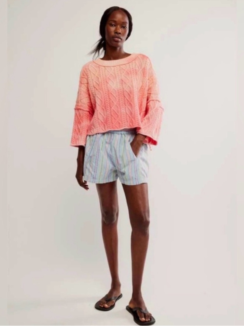 Free People Cropped Cable Knit Sweater in Coral Pink